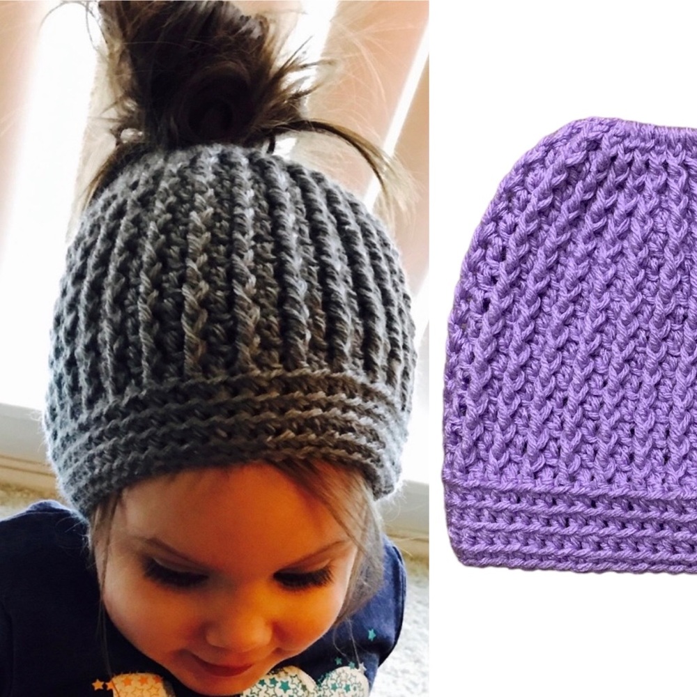 HAND CROCHETED Messy Bun Ponytail Beanie Purple
